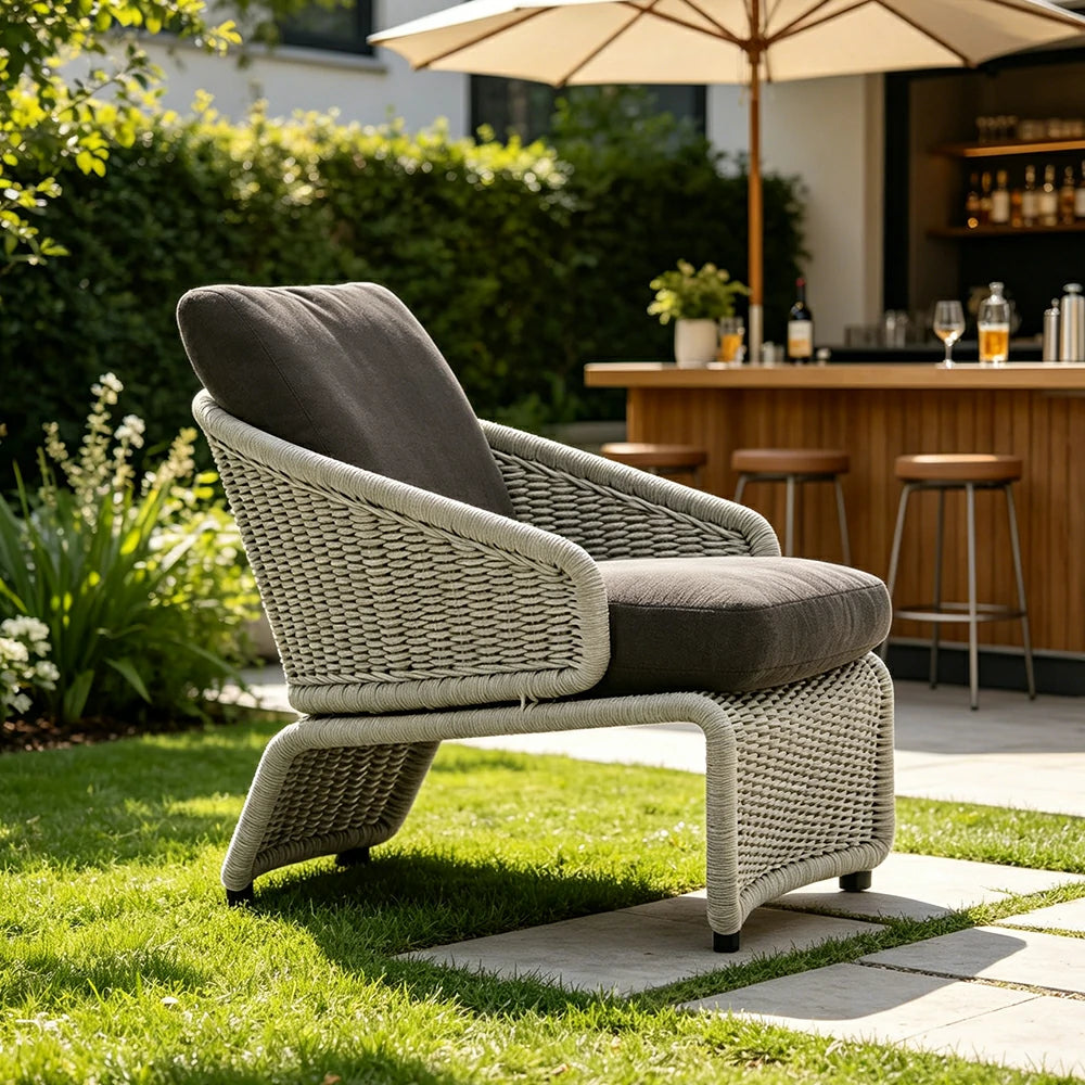 SOLARA Outdoor Rope Lounge Chair with Reinforced Aluminium Frame - 68cm Patio Balcony Garden Chair - Grey Black