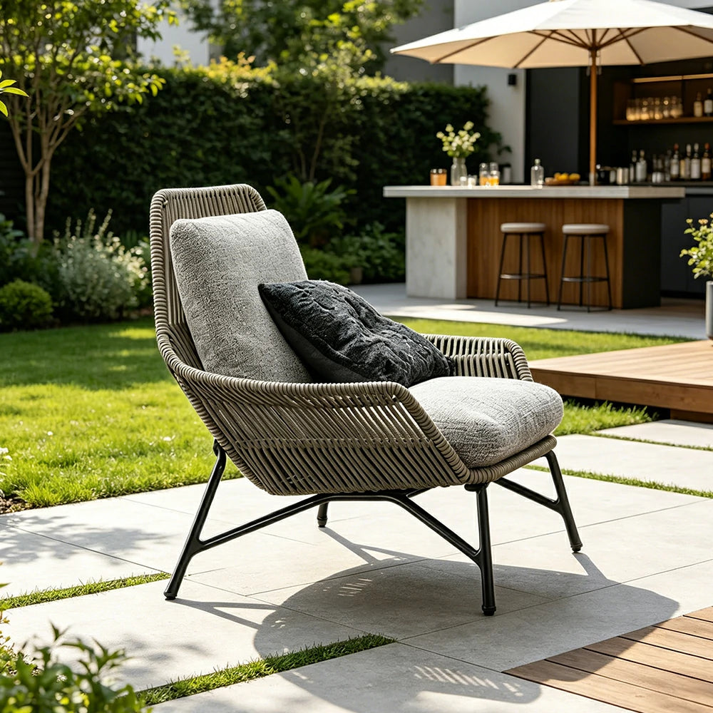 SOLARA Outdoor Rope Lounge Chair with Reinforced Aluminium Frame - 85cm Patio Balcony Garden Chair - Grey Black