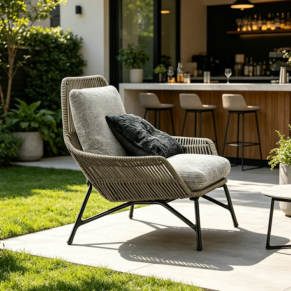 SOLARA Outdoor Rope Lounge Chair with Reinforced Aluminium Frame - 85cm Patio Balcony Garden Chair - Grey Black