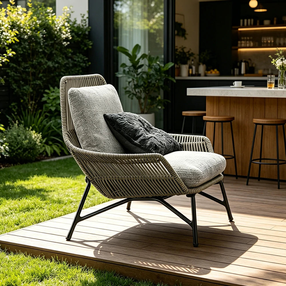 SOLARA Outdoor Rope Lounge Chair with Reinforced Aluminium Frame - 85cm Patio Balcony Garden Chair - Grey Black