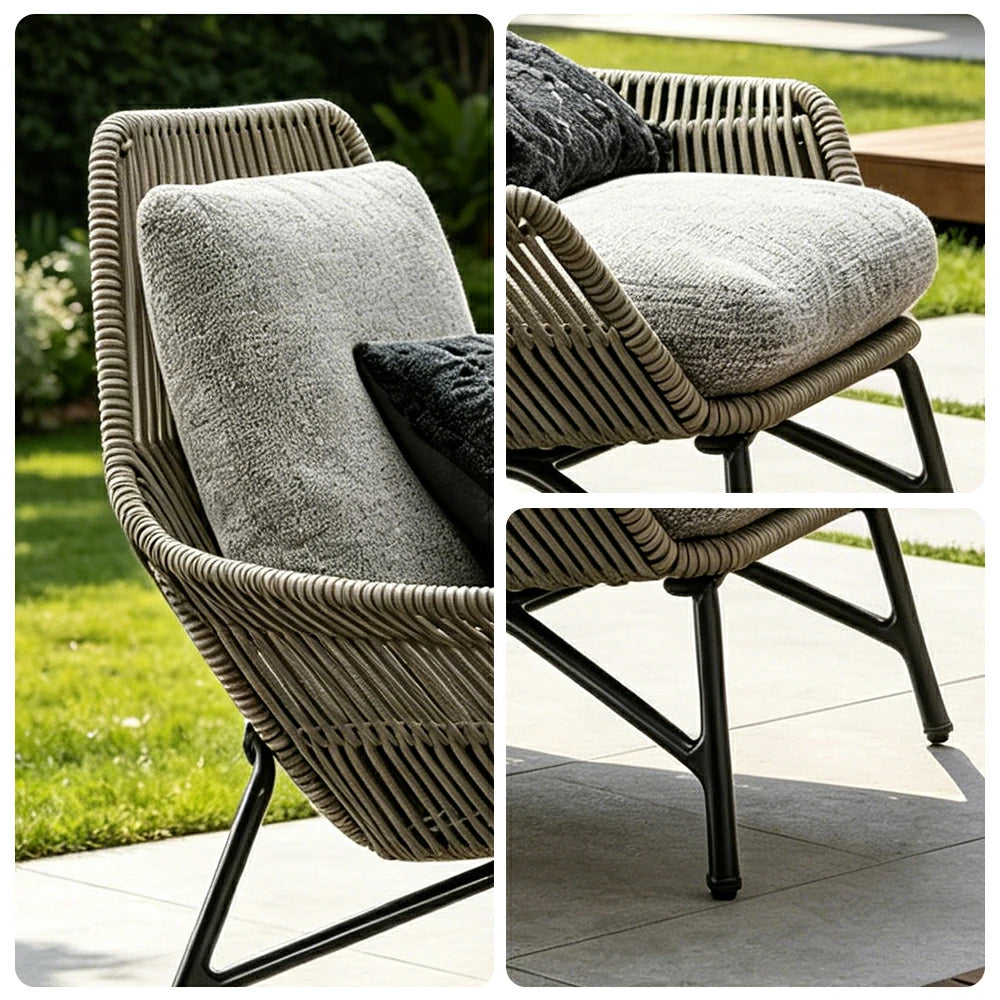 SOLARA Outdoor Rope Lounge Chair with Reinforced Aluminium Frame - 85cm Patio Balcony Garden Chair - Grey Black