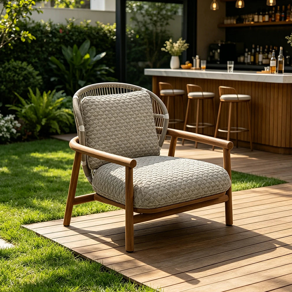 SOLARA Outdoor Lounge Chair with Wood Grain Aluminium Frame - 80cm Patio Balcony Garden Chair - Grey