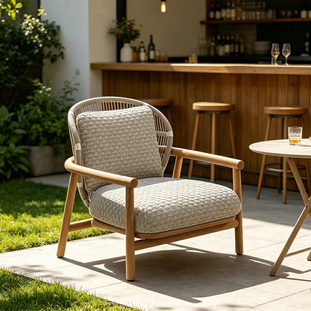 SOLARA Outdoor Lounge Chair with Wood Grain Aluminium Frame - 80cm Patio Balcony Garden Chair - Grey