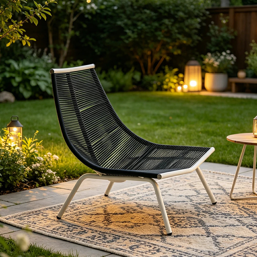 SOLARA Outdoor Rope Lounge Chair with Reinforced Aluminium Frame - 85cm Patio Balcony Garden Chair - Black