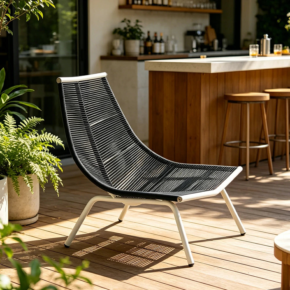 SOLARA Outdoor Rope Lounge Chair with Reinforced Aluminium Frame - 85cm Patio Balcony Garden Chair - Black