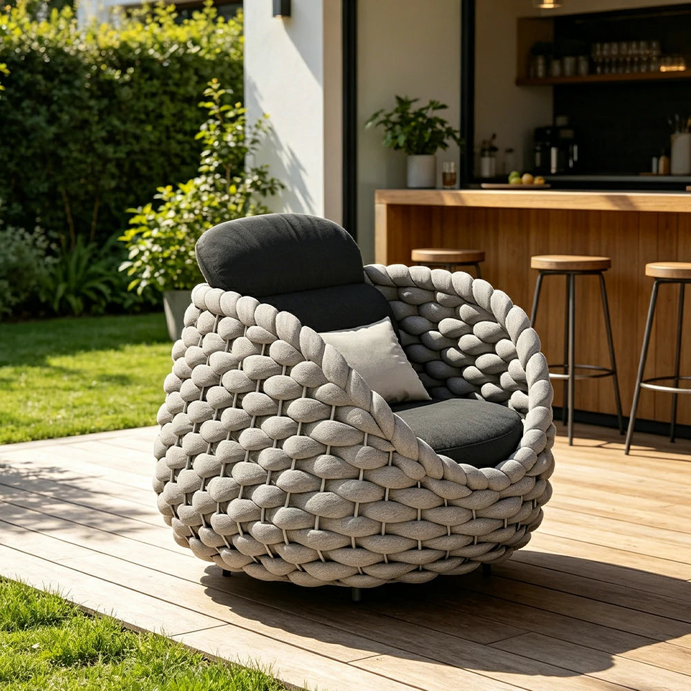 SOLARA Outdoor Woven Lounge Chair with Reinforced Aluminium Frame - 85cm Patio Balcony Garden Chair - Beige Black