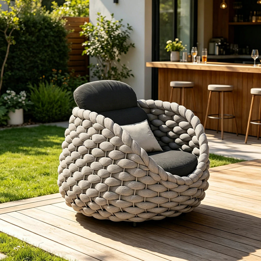 SOLARA Outdoor Woven Lounge Chair with Reinforced Aluminium Frame - 85cm Patio Balcony Garden Chair - Beige Black