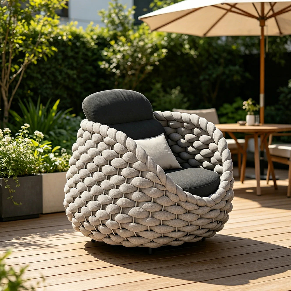 SOLARA Outdoor Woven Lounge Chair with Reinforced Aluminium Frame - 85cm Patio Balcony Garden Chair - Beige Black