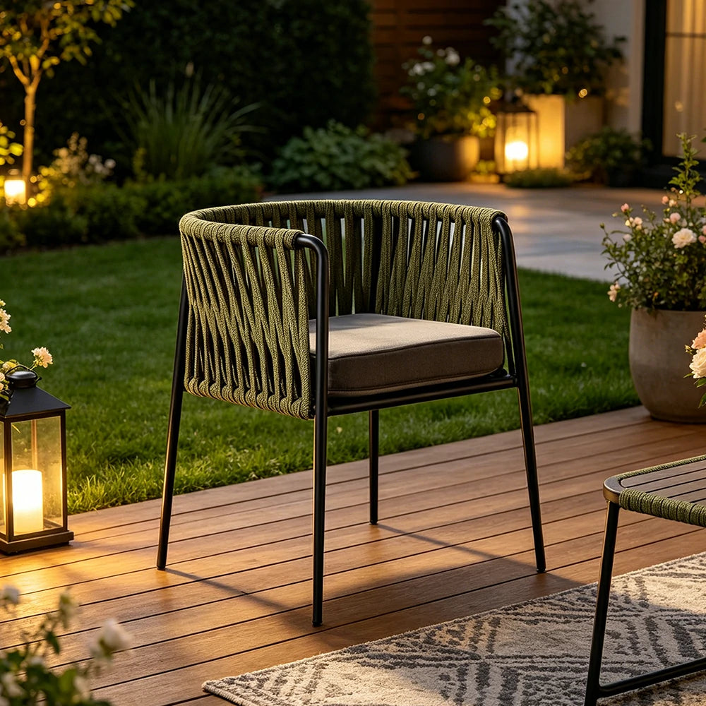 SOLARA Outdoor Rope Dining Chair with Reinforced Aluminium Frame - 59cm Patio Balcony Garden Chair - Olive Black