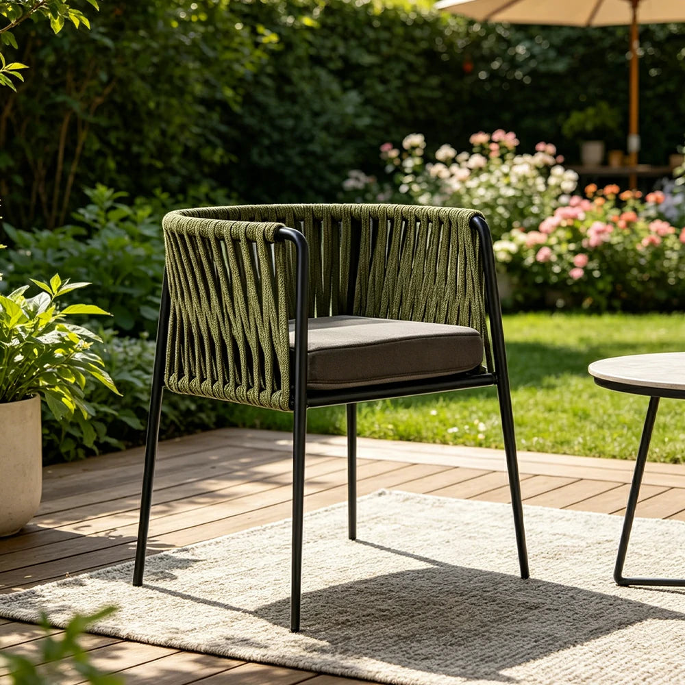 SOLARA Outdoor Rope Dining Chair with Reinforced Aluminium Frame - 59cm Patio Balcony Garden Chair - Olive Black
