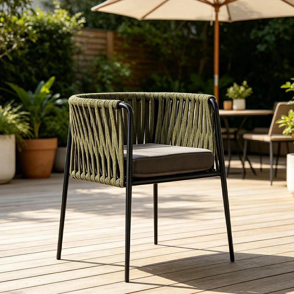 SOLARA Outdoor Rope Dining Chair with Reinforced Aluminium Frame - 59cm Patio Balcony Garden Chair - Olive Black