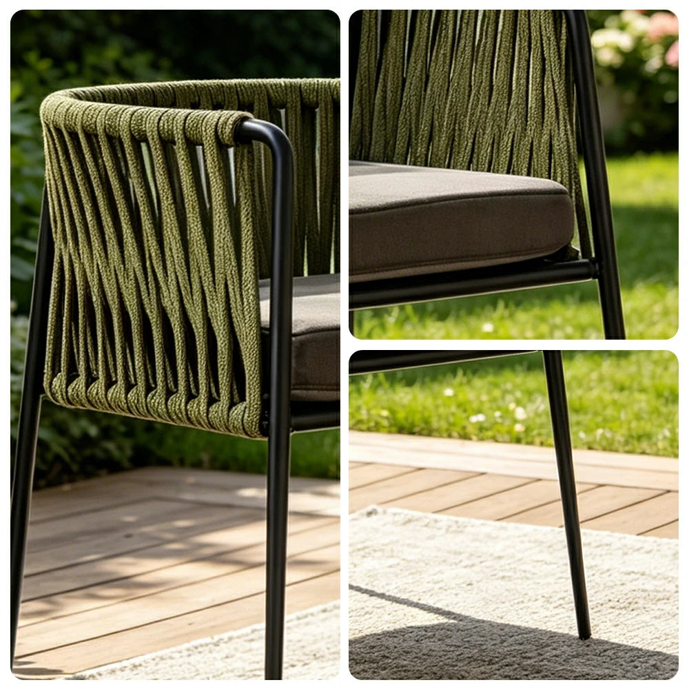 SOLARA Outdoor Rope Dining Chair with Reinforced Aluminium Frame - 59cm Patio Balcony Garden Chair - Olive Black