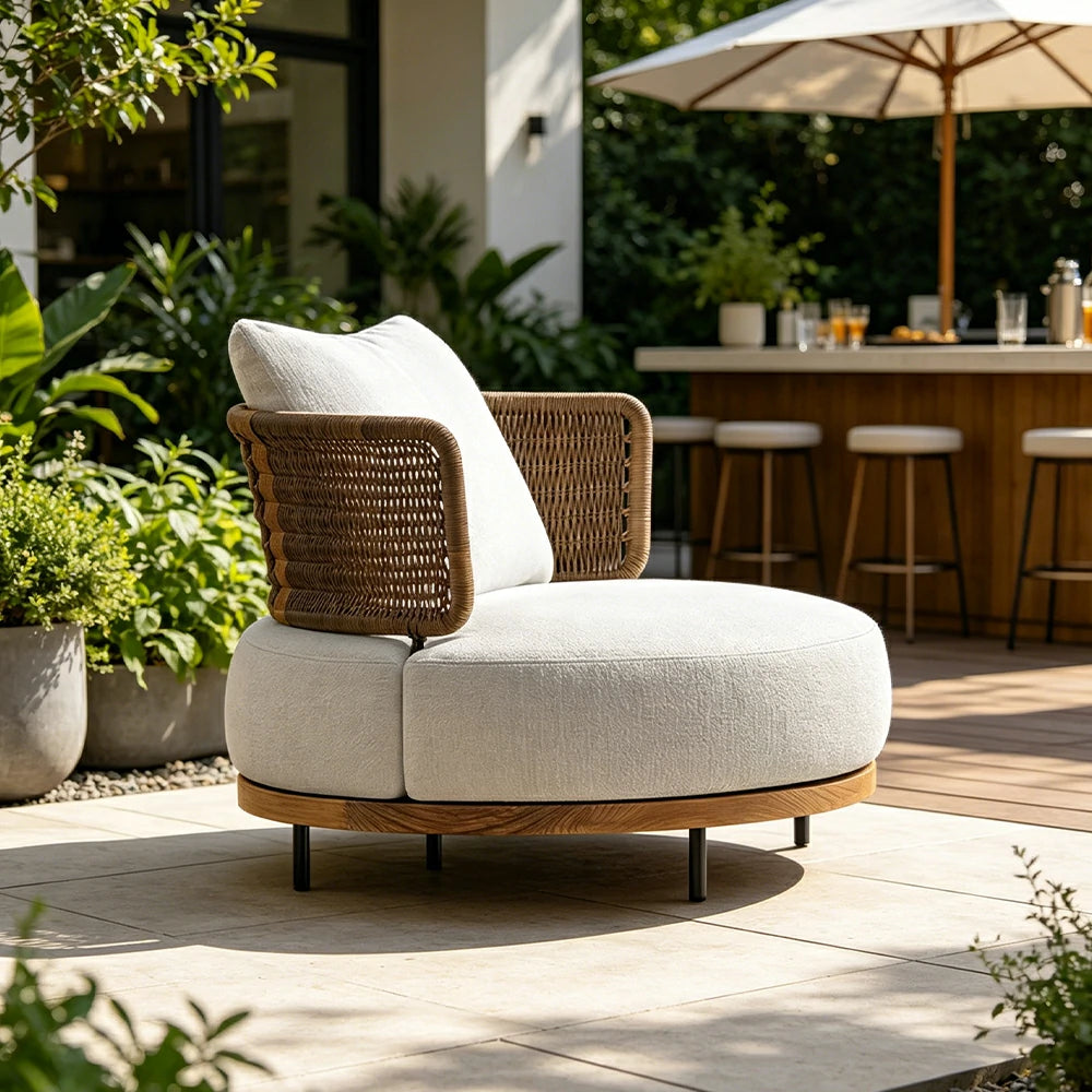 SOLARA Outdoor Single Sofa with Imported Teak Base - 92cm Waterproof Fabric Patio Garden Seat - Beige