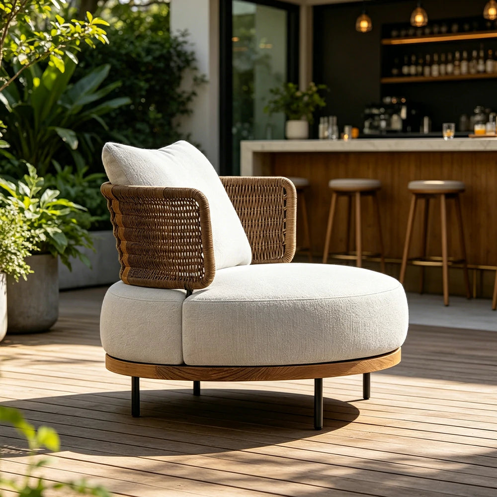 SOLARA Outdoor Single Sofa with Imported Teak Base - 92cm Waterproof Fabric Patio Garden Seat - Beige