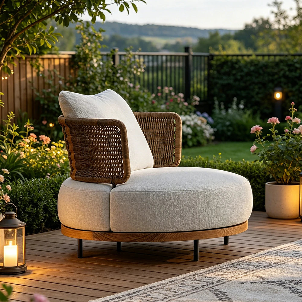 SOLARA Outdoor Single Sofa with Imported Teak Base - 92cm Waterproof Fabric Patio Garden Seat - Beige