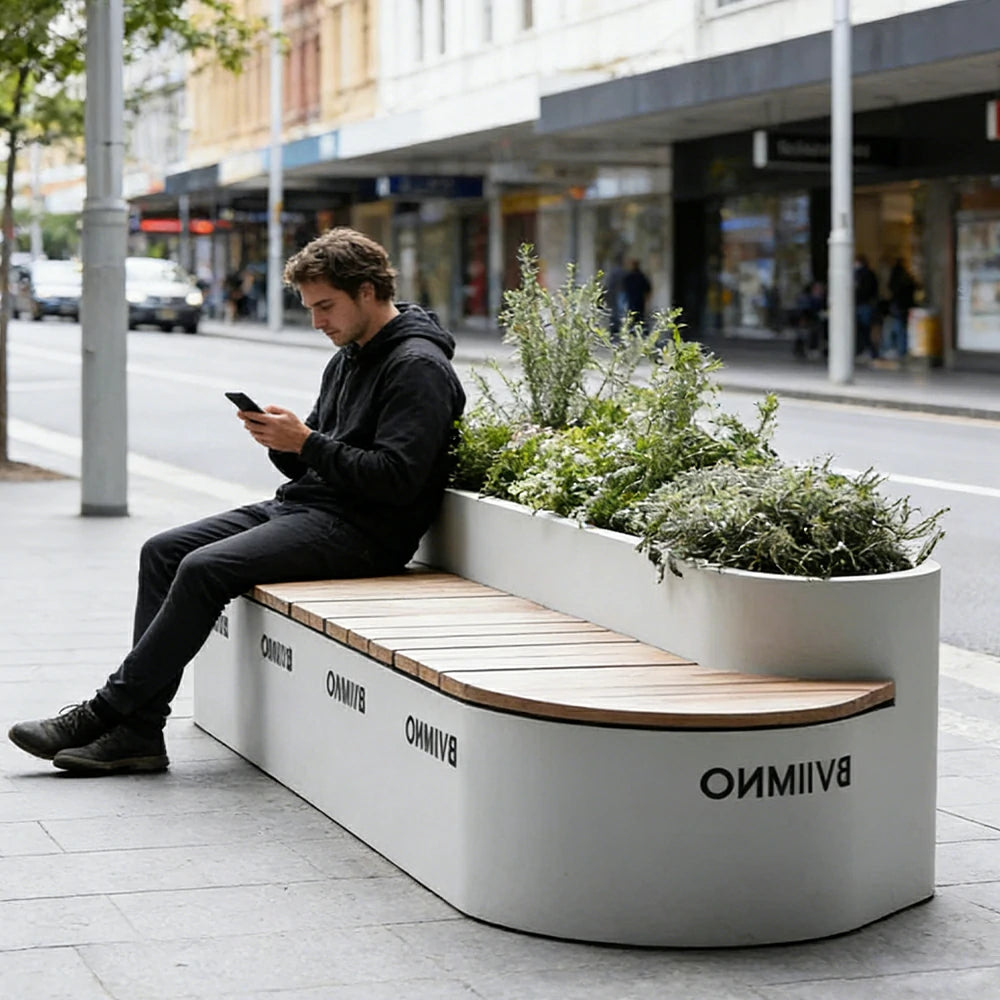 SOLARA 180/200/220cm Outdoor Planter Bench Integrated Greenery Design with Metal Frame for Commercial Street Park Cafe