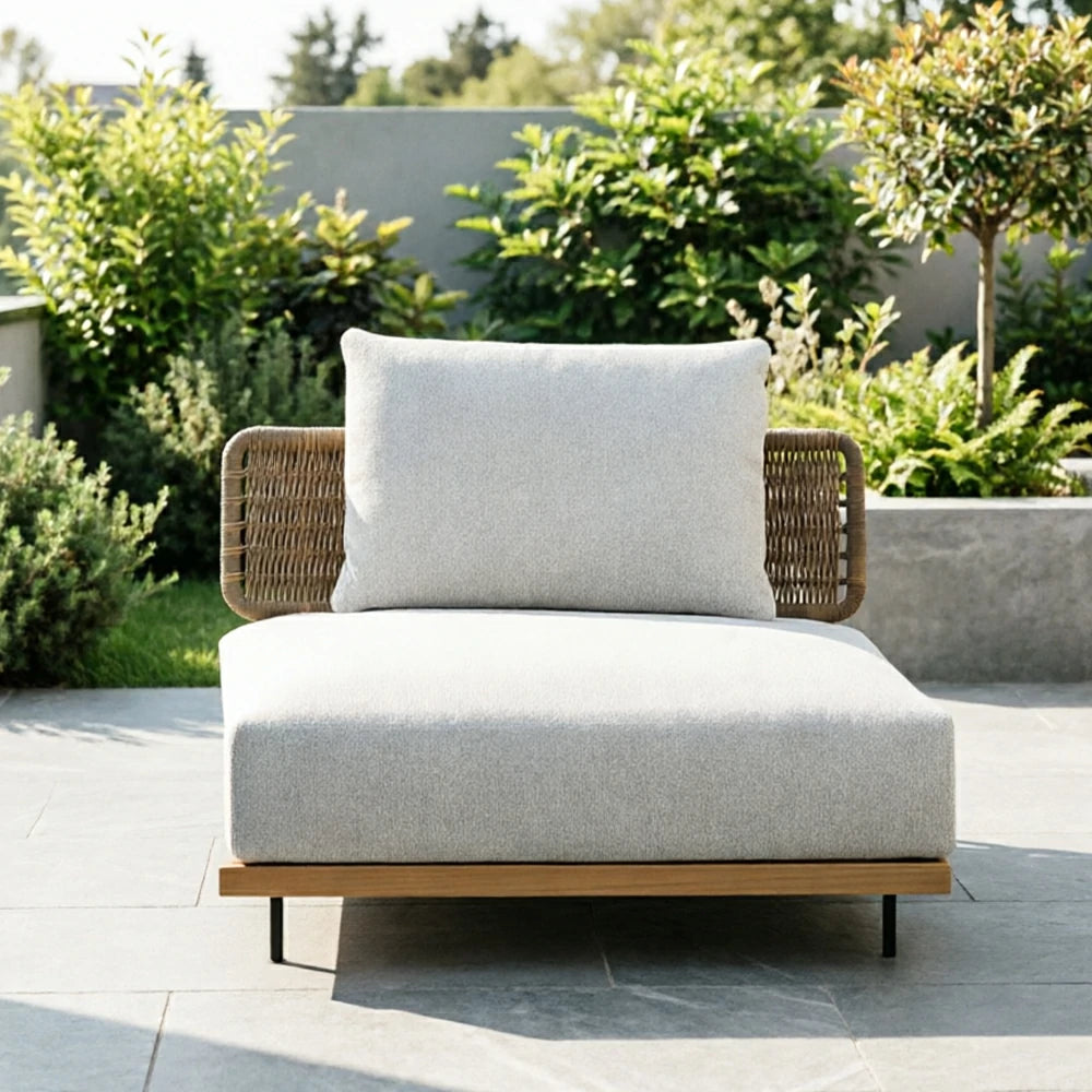 SOLARA Outdoor Middle Sofa with Imported Teak Base - 95cm Waterproof Fabric Patio Garden Seat - Beige