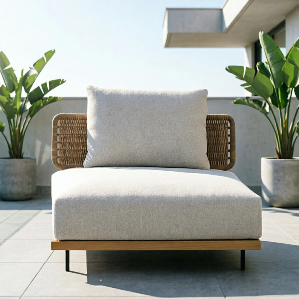 SOLARA Outdoor Middle Sofa with Imported Teak Base - 95cm Waterproof Fabric Patio Garden Seat - Beige