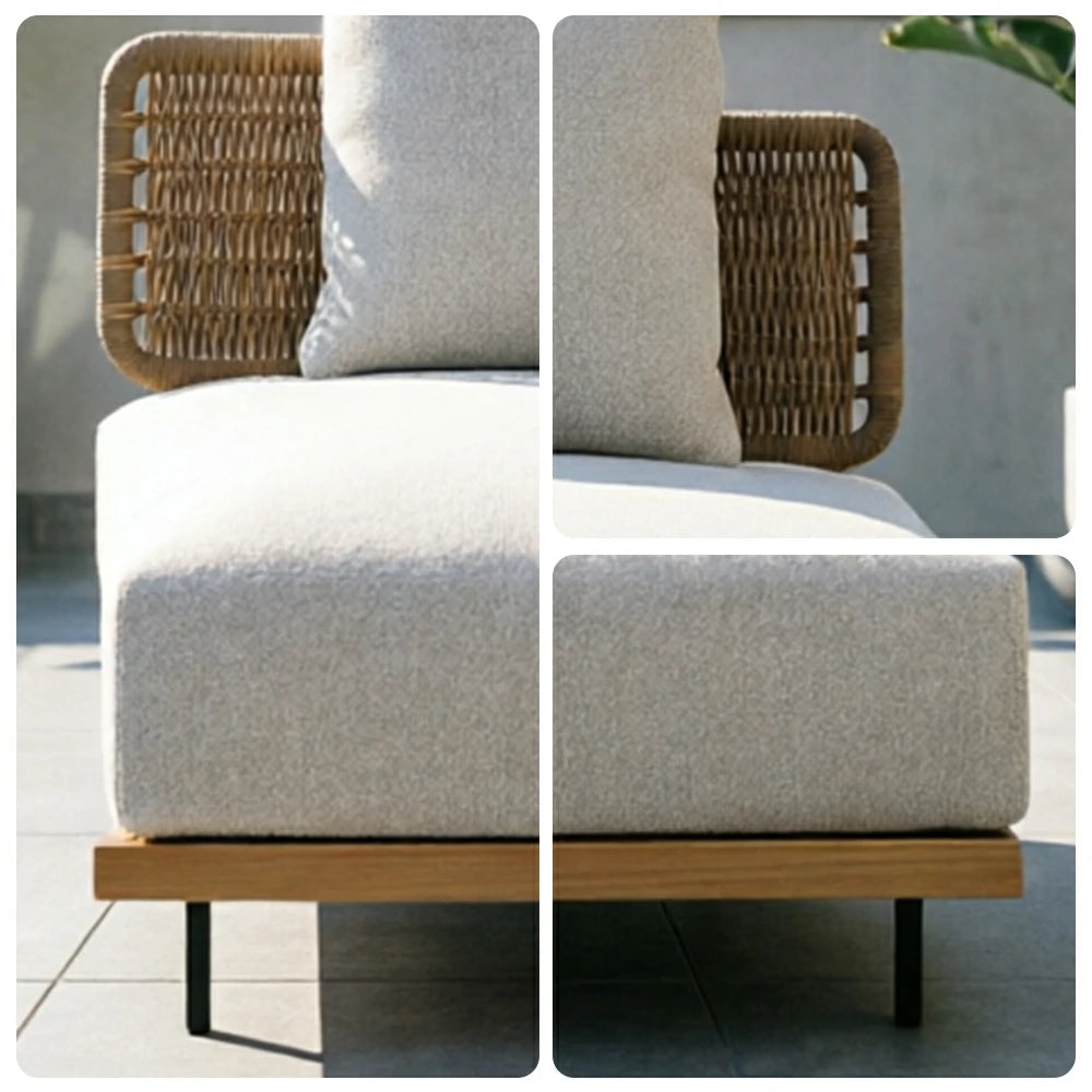 SOLARA Outdoor Middle Sofa with Imported Teak Base - 95cm Waterproof Fabric Patio Garden Seat - Beige