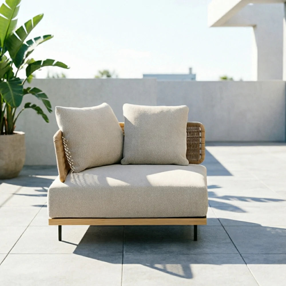 SOLARA Outdoor Corner Sofa with Imported Teak Base - 95cm Waterproof Fabric Patio Garden Seat - Beige