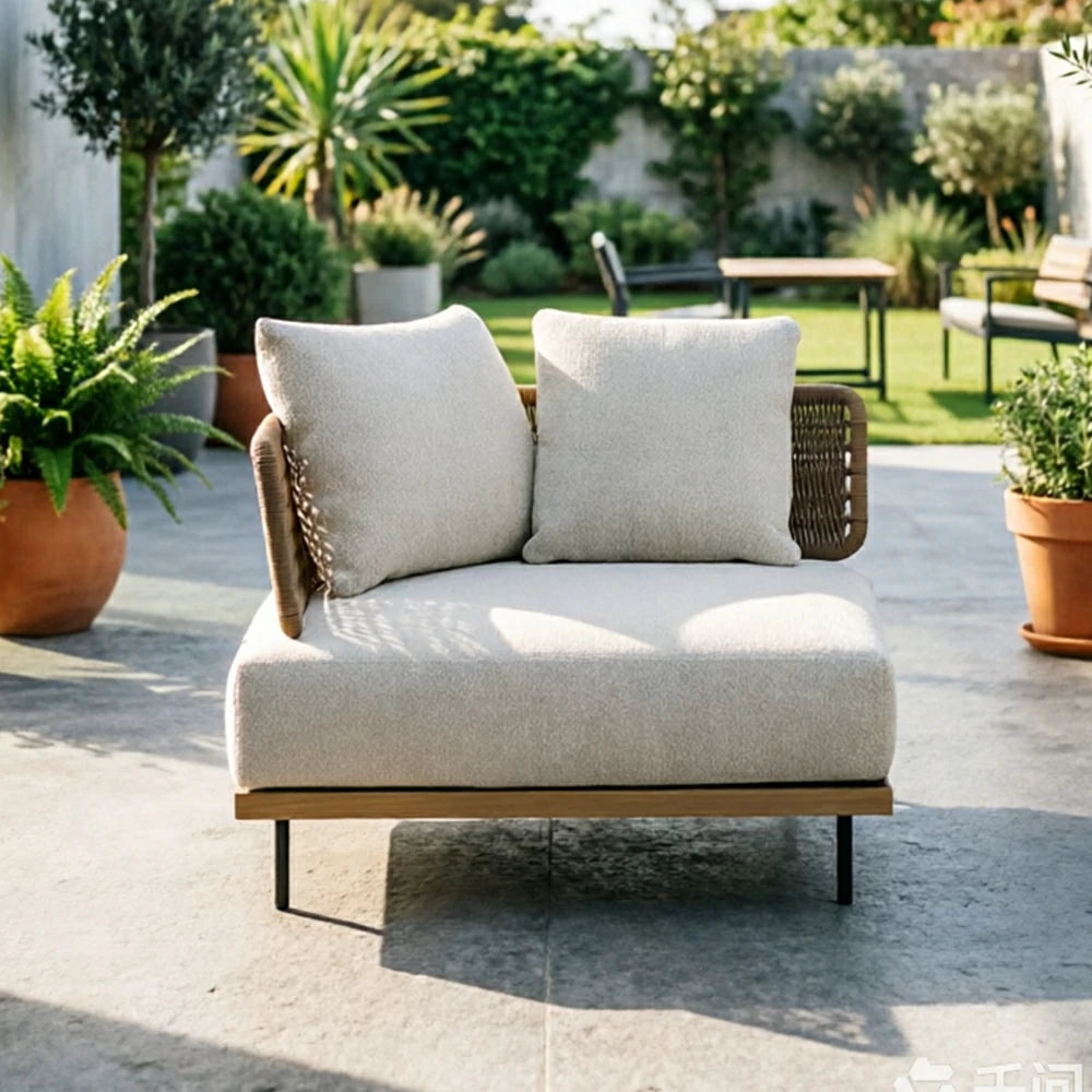 SOLARA Outdoor Corner Sofa with Imported Teak Base - 95cm Waterproof Fabric Patio Garden Seat - Beige