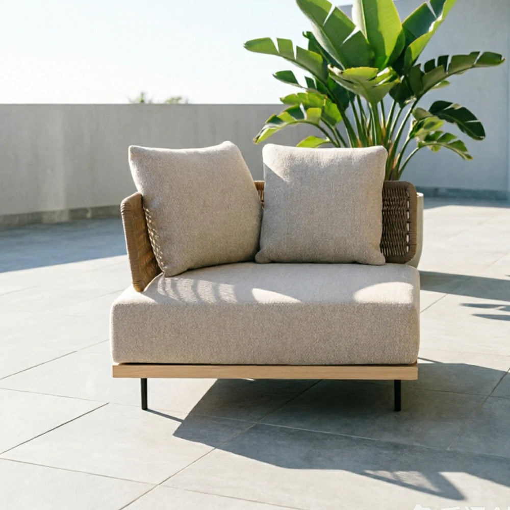 SOLARA Outdoor Corner Sofa with Imported Teak Base - 95cm Waterproof Fabric Patio Garden Seat - Beige