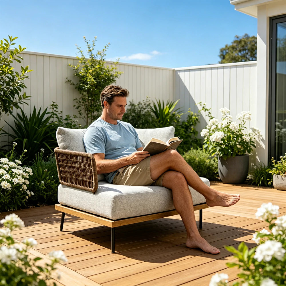 SOLARA Outdoor Corner Sofa with Imported Teak Base - 95cm Waterproof Fabric Patio Garden Seat - Beige