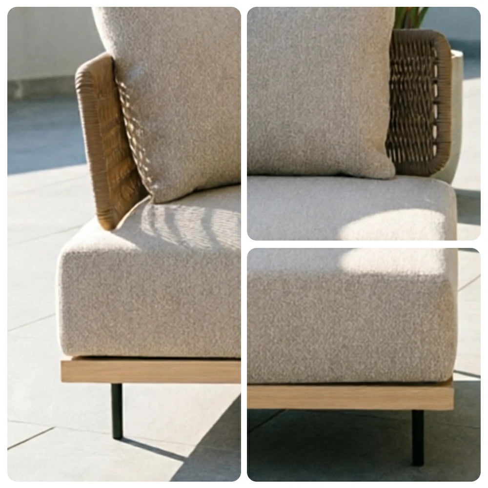 SOLARA Outdoor Corner Sofa with Imported Teak Base - 95cm Waterproof Fabric Patio Garden Seat - Beige
