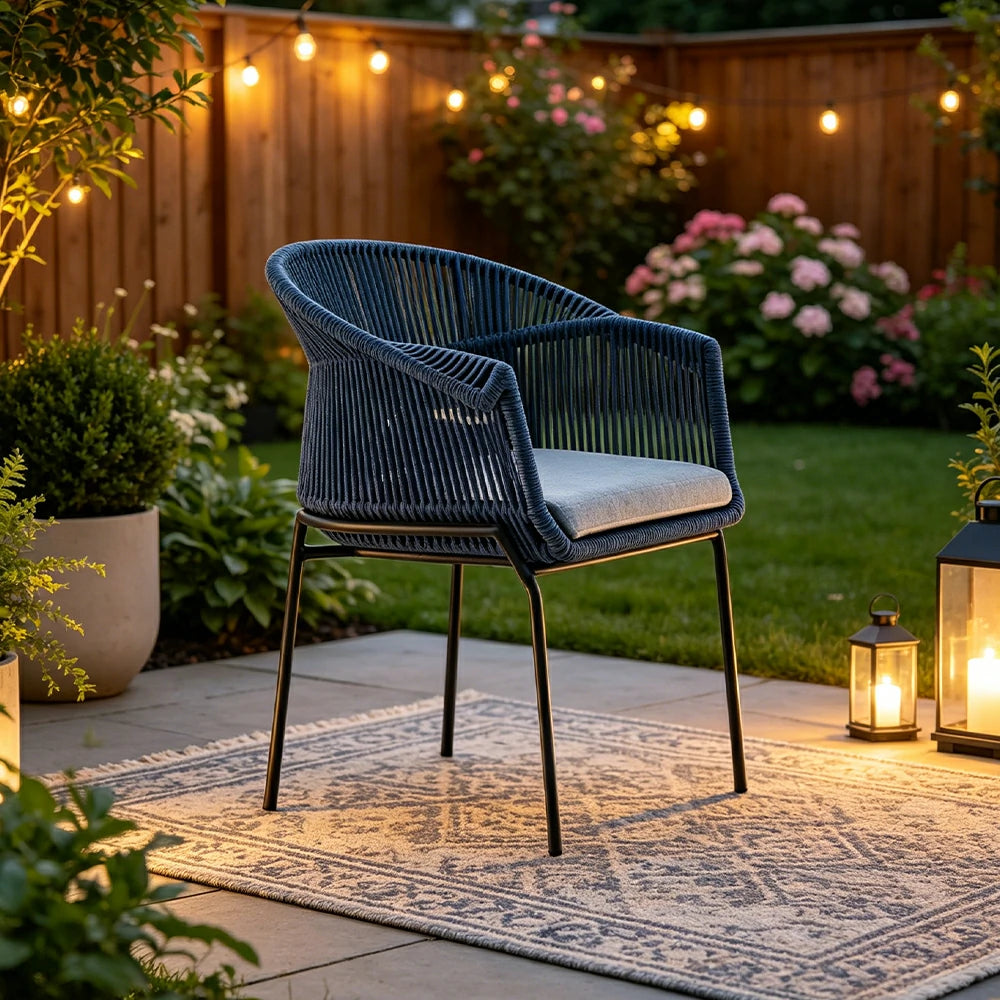 SOLARA Outdoor Rope Armchair with Aluminium Frame - 64cm Patio Balcony Garden Dining Chair - Blue