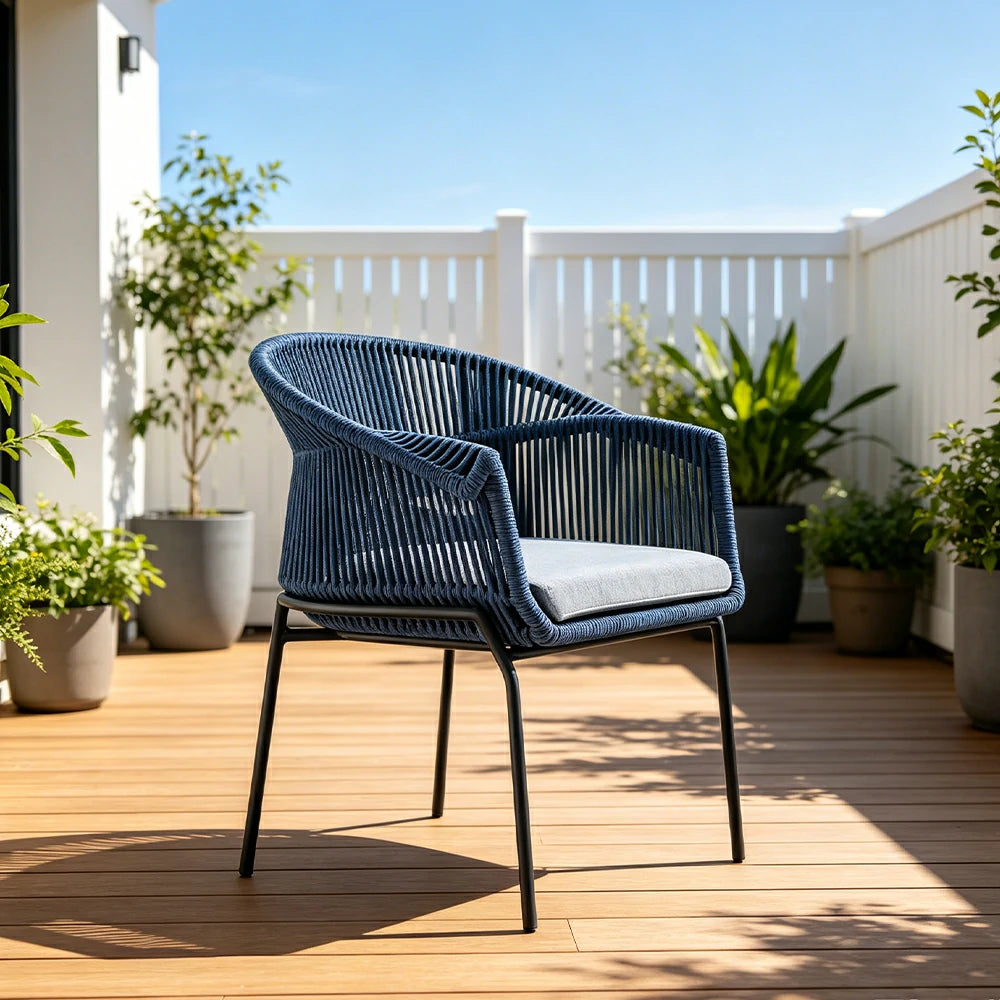 SOLARA Outdoor Rope Armchair with Aluminium Frame - 64cm Patio Balcony Garden Dining Chair - Blue