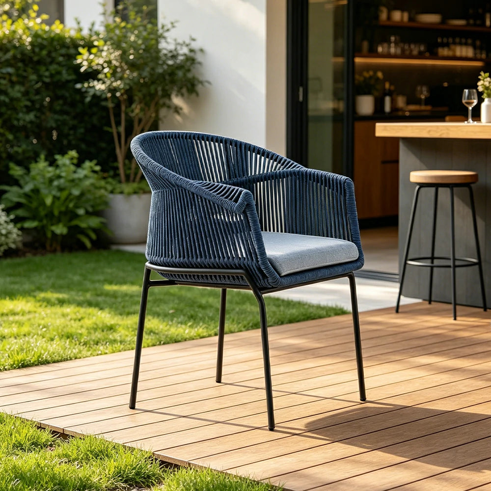 SOLARA Outdoor Rope Armchair with Aluminium Frame - 64cm Patio Balcony Garden Dining Chair - Blue