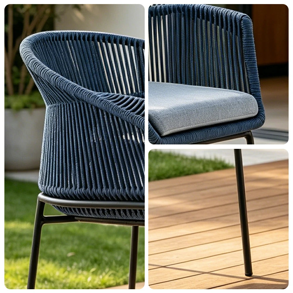 SOLARA Outdoor Rope Armchair with Aluminium Frame - 64cm Patio Balcony Garden Dining Chair - Blue