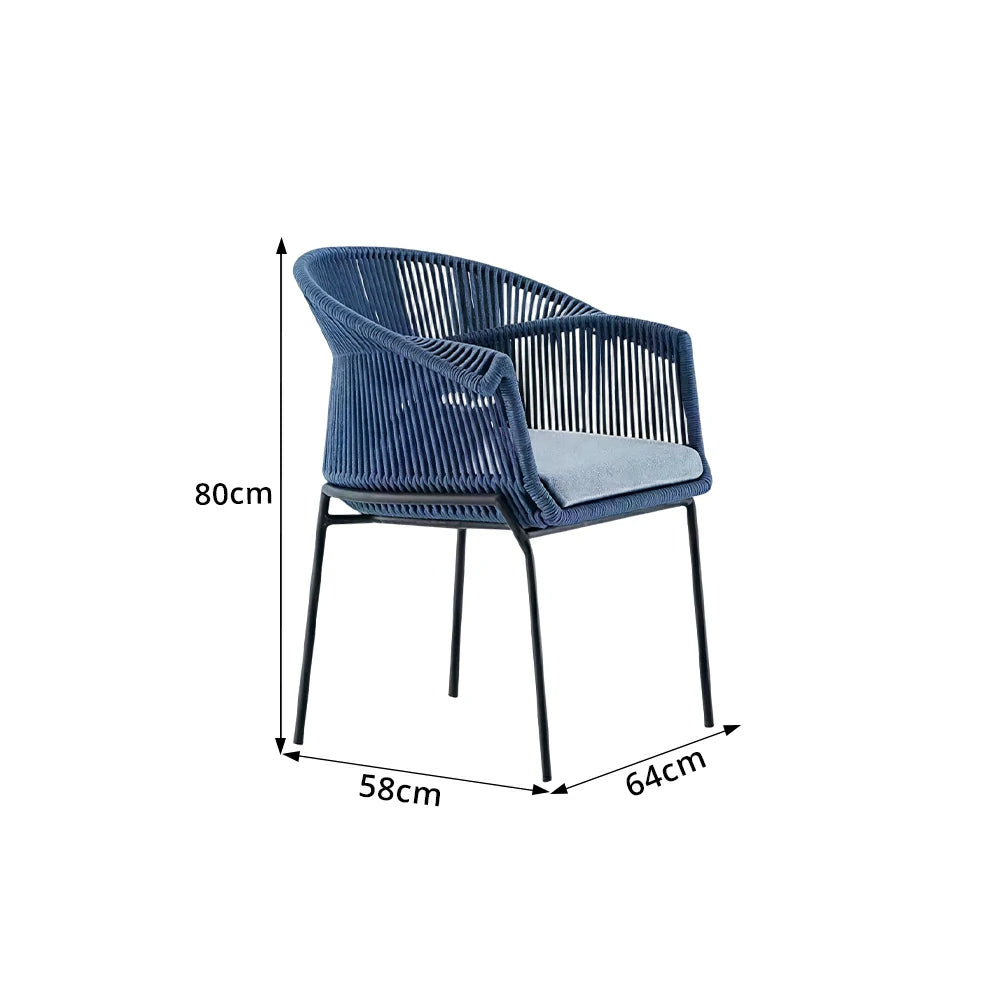 SOLARA Outdoor Rope Armchair with Aluminium Frame - 64cm Patio Balcony Garden Dining Chair - Blue
