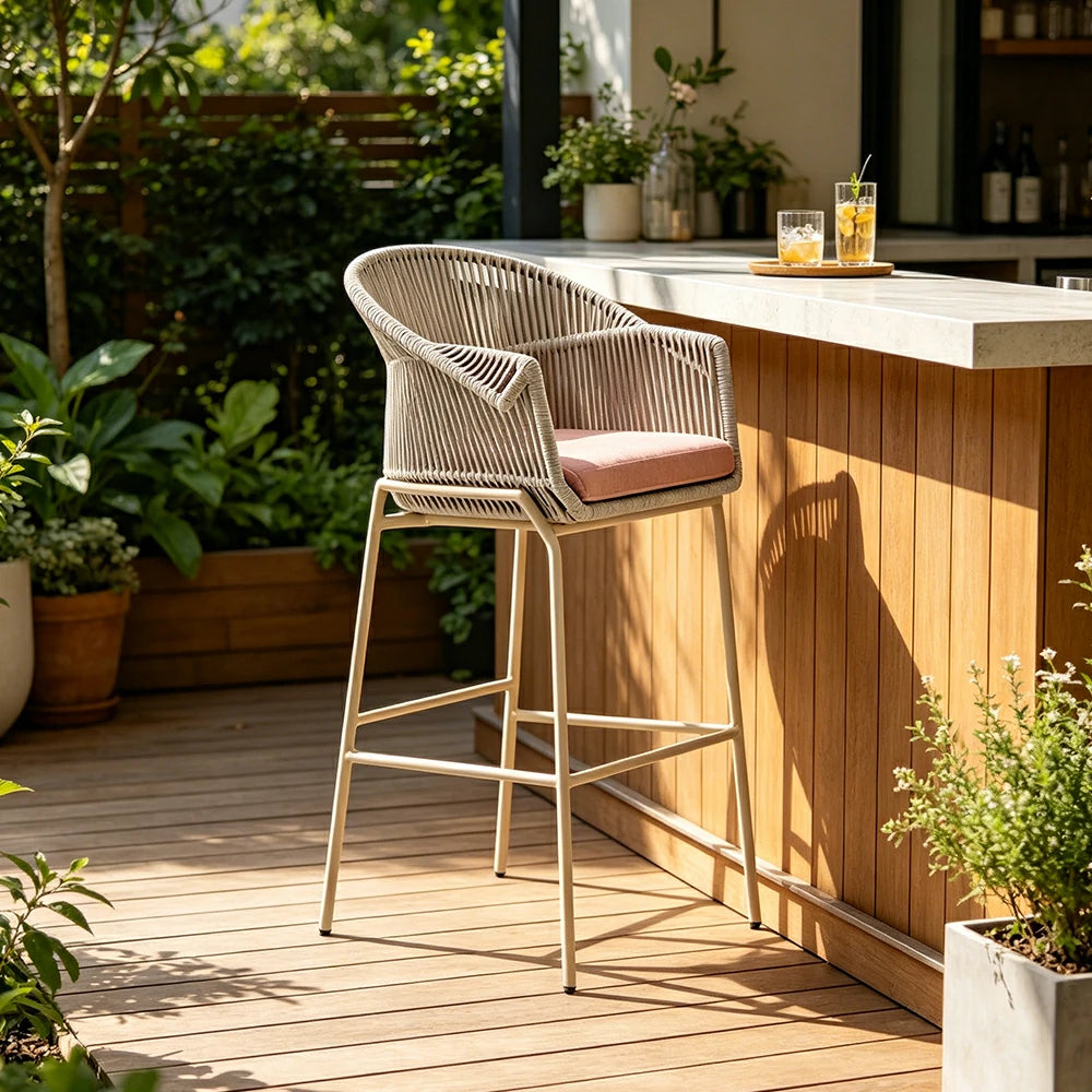 SOLARA Outdoor Rope Bar Chair with Aluminium Frame - 110cm Patio Balcony Garden Bar Stool - Beige Pink