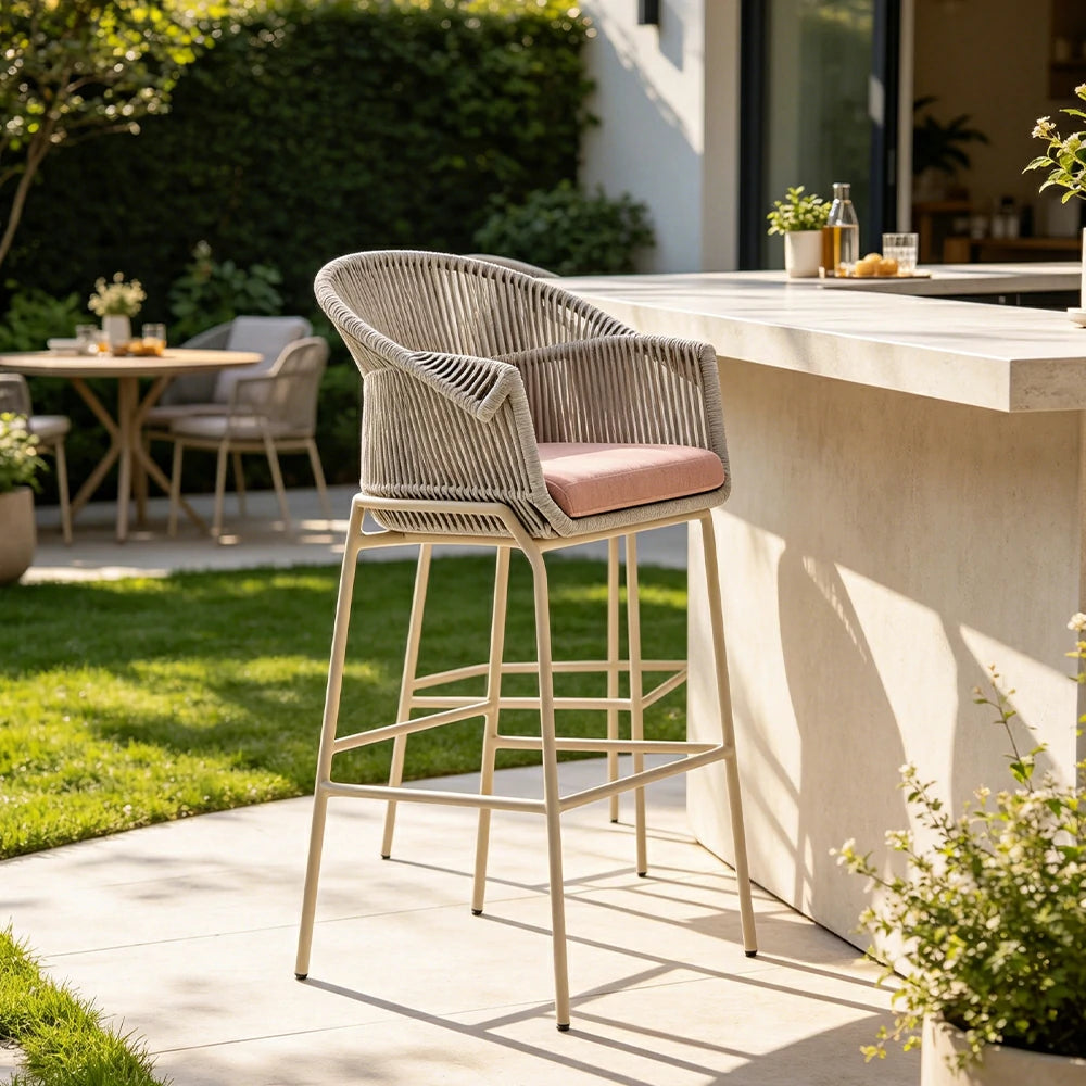 SOLARA Outdoor Rope Bar Chair with Aluminium Frame - 110cm Patio Balcony Garden Bar Stool - Beige Pink
