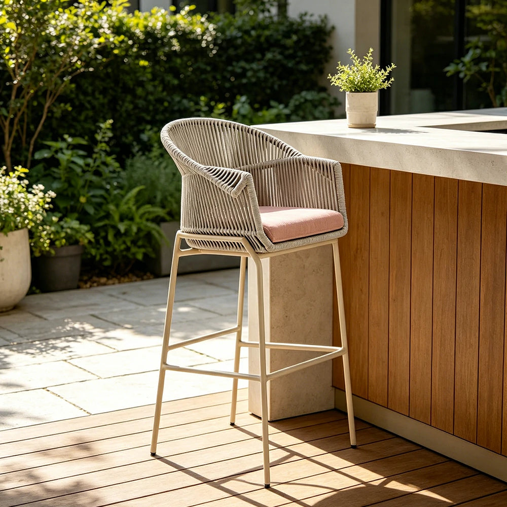 SOLARA Outdoor Rope Bar Chair with Aluminium Frame - 110cm Patio Balcony Garden Bar Stool - Beige Pink