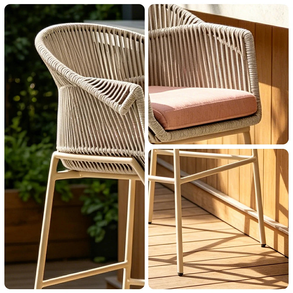 SOLARA Outdoor Rope Bar Chair with Aluminium Frame - 110cm Patio Balcony Garden Bar Stool - Beige Pink
