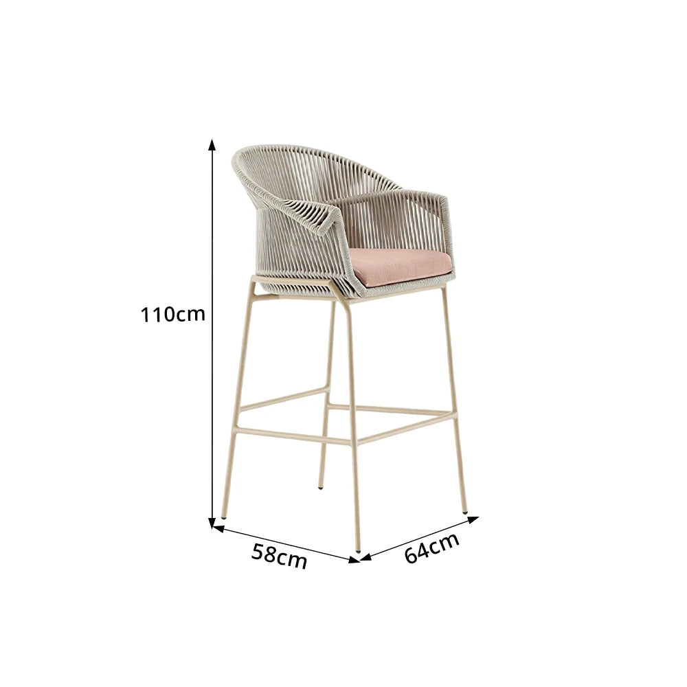 SOLARA Outdoor Rope Bar Chair with Aluminium Frame - 110cm Patio Balcony Garden Bar Stool - Beige Pink