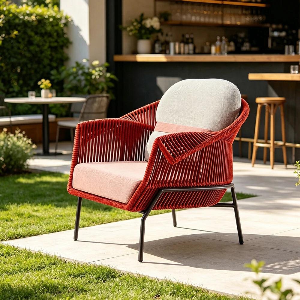 SOLARA Outdoor Single Sofa with Olefin Rope Weaving - 90cm Patio Balcony Garden Lounge Chair - Red Pink
