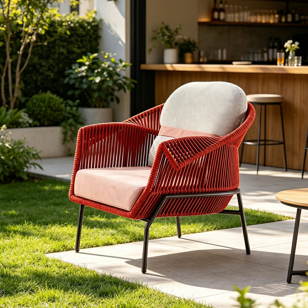 SOLARA Outdoor Single Sofa with Olefin Rope Weaving - 90cm Patio Balcony Garden Lounge Chair - Red Pink