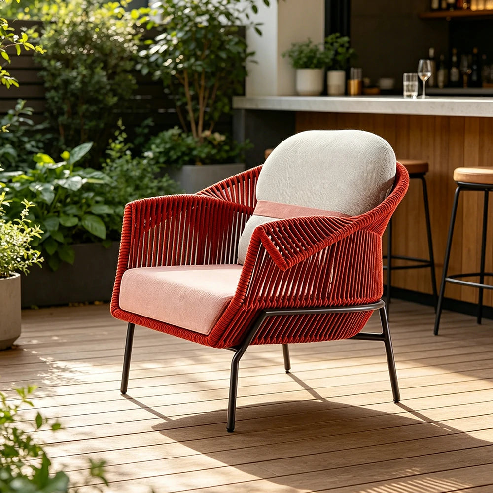SOLARA Outdoor Single Sofa with Olefin Rope Weaving - 90cm Patio Balcony Garden Lounge Chair - Red Pink