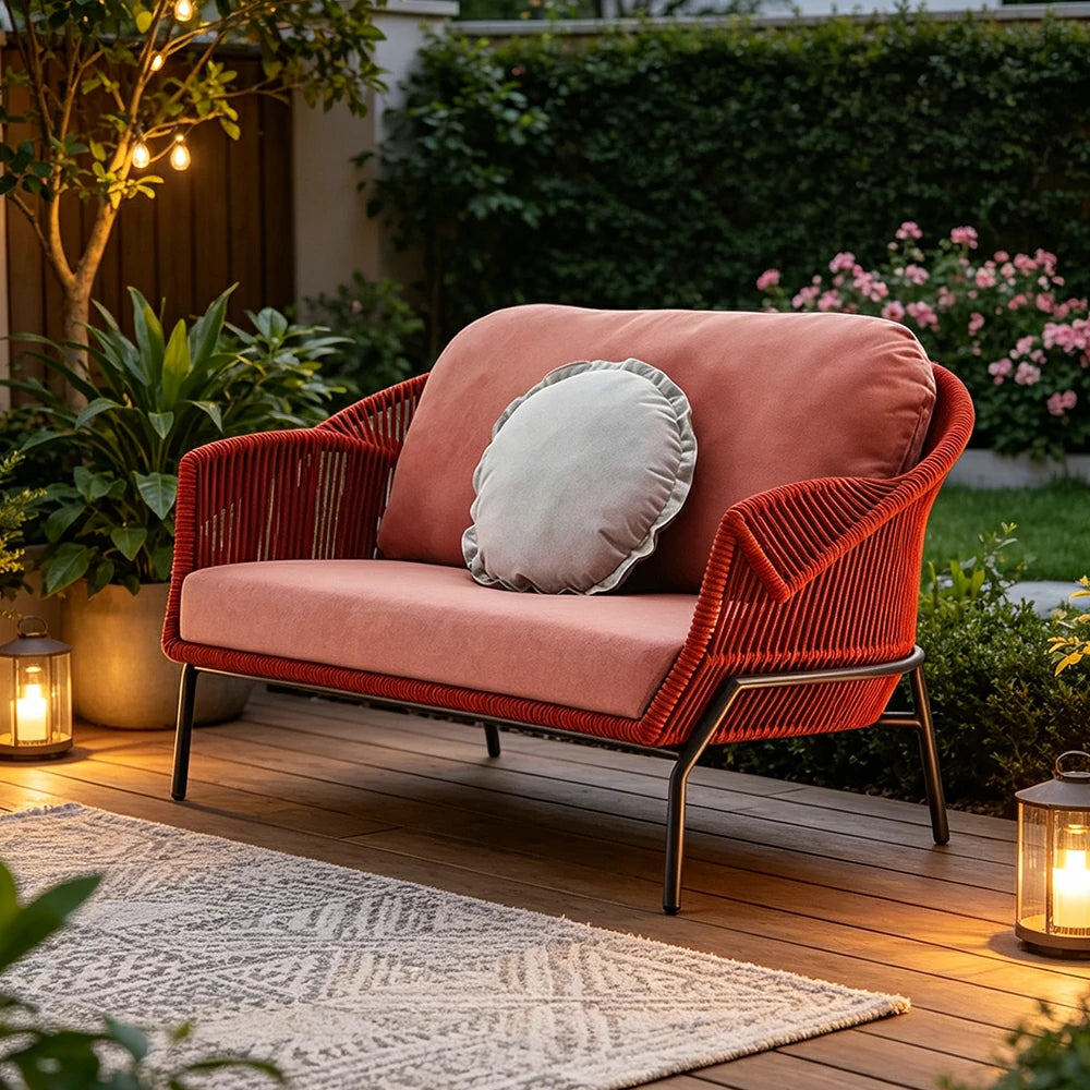 SOLARA Outdoor Two Seater Sofa with Olefin Rope Weaving - 160cm Patio Balcony Garden Lounge Seat - Red Pink