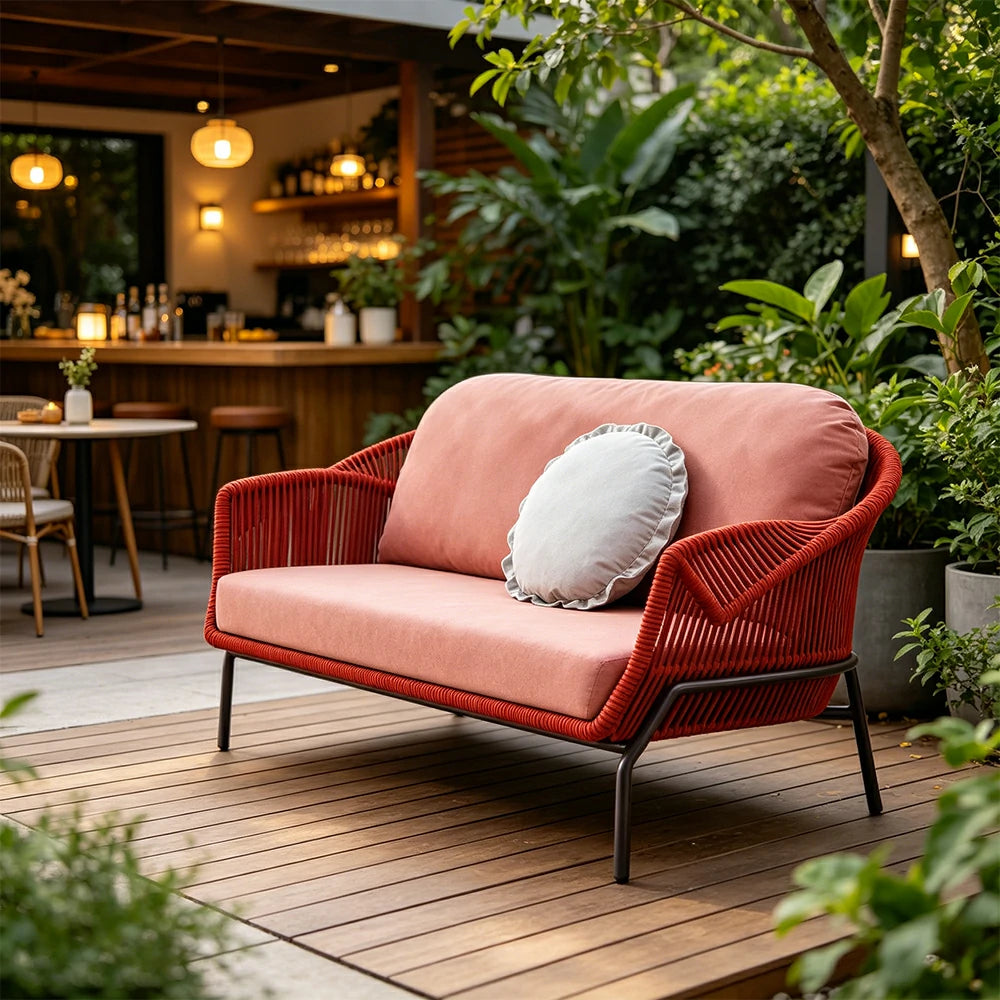 SOLARA Outdoor Two Seater Sofa with Olefin Rope Weaving - 160cm Patio Balcony Garden Lounge Seat - Red Pink