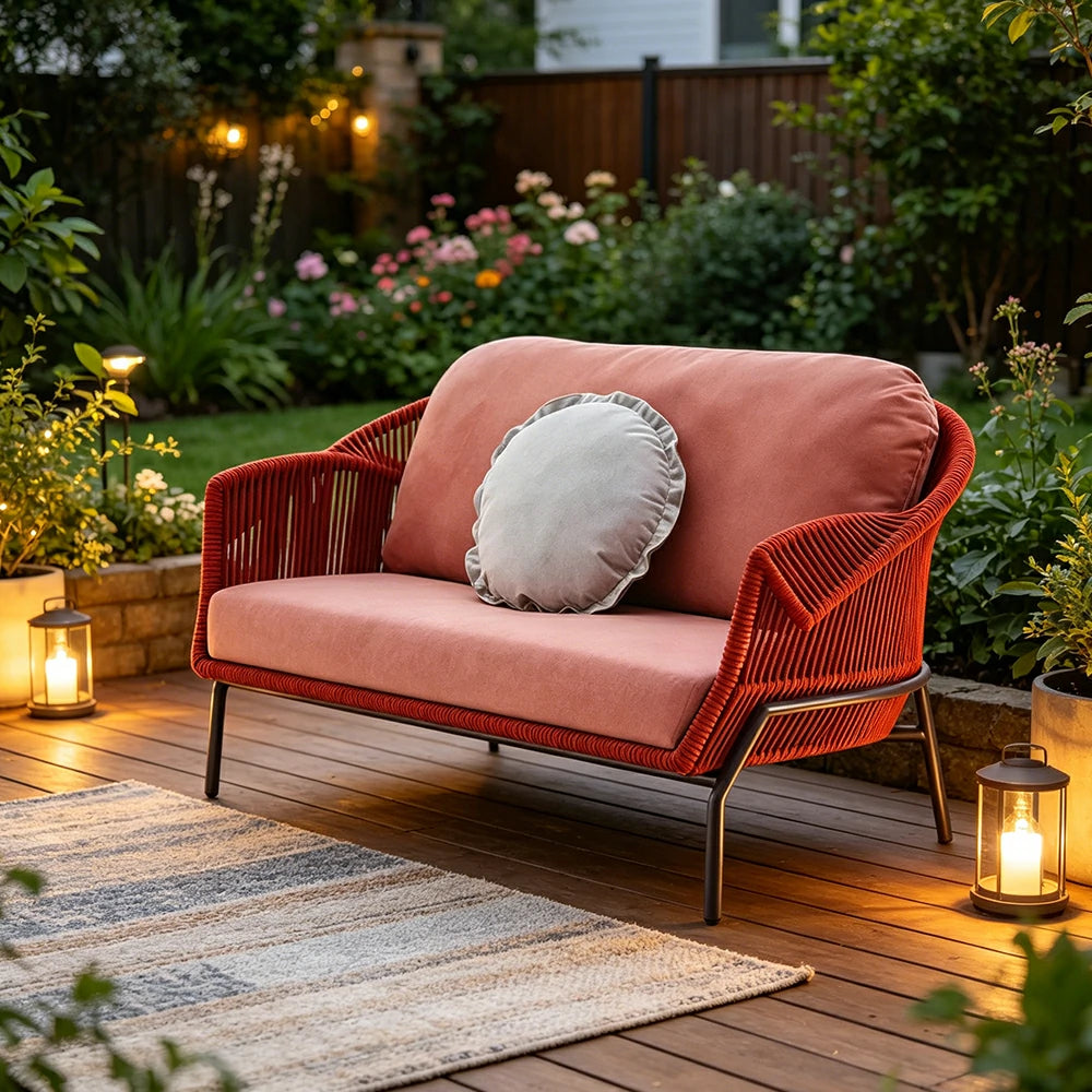 SOLARA Outdoor Two Seater Sofa with Olefin Rope Weaving - 160cm Patio Balcony Garden Lounge Seat - Red Pink