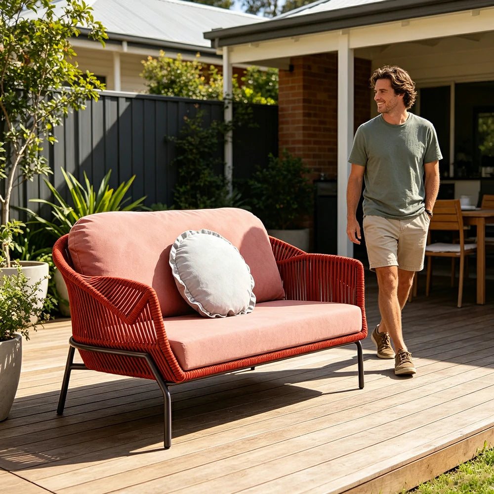 SOLARA Outdoor Two Seater Sofa with Olefin Rope Weaving - 160cm Patio Balcony Garden Lounge Seat - Red Pink