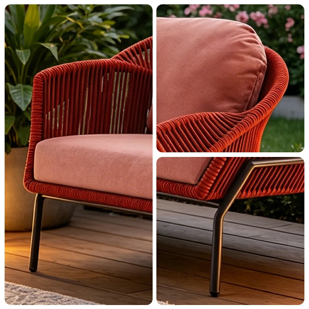 SOLARA Outdoor Two Seater Sofa with Olefin Rope Weaving - 160cm Patio Balcony Garden Lounge Seat - Red Pink