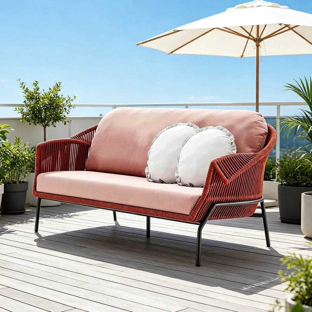 SOLARA Outdoor Three Seater Sofa with Olefin Rope Weaving - 200cm Patio Balcony Garden Lounge Seat - Red Pink