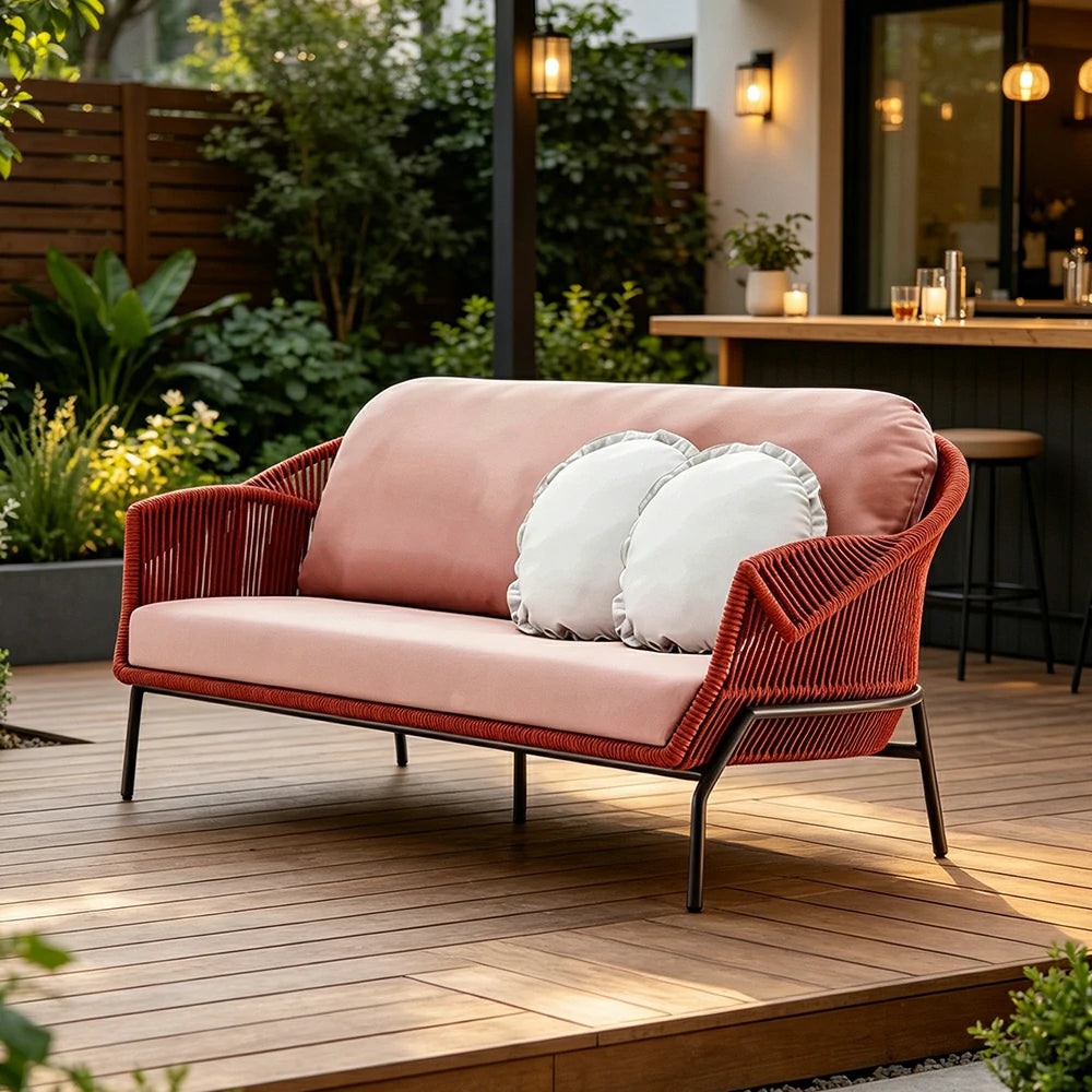 SOLARA Outdoor Three Seater Sofa with Olefin Rope Weaving - 200cm Patio Balcony Garden Lounge Seat - Red Pink