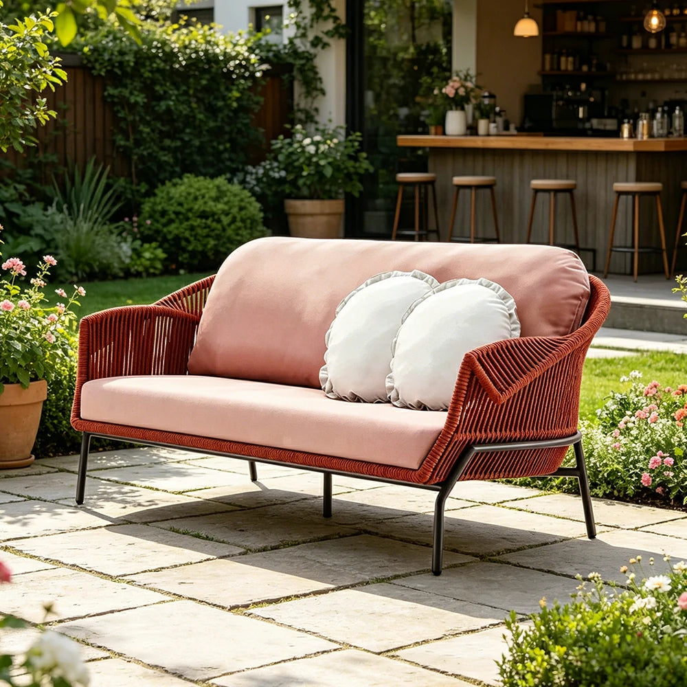 SOLARA Outdoor Three Seater Sofa with Olefin Rope Weaving - 200cm Patio Balcony Garden Lounge Seat - Red Pink