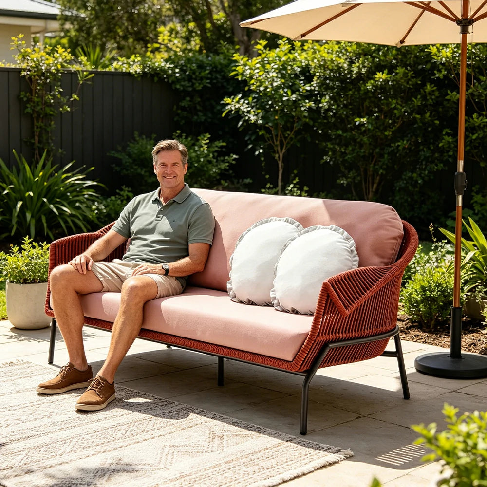 SOLARA Outdoor Three Seater Sofa with Olefin Rope Weaving - 200cm Patio Balcony Garden Lounge Seat - Red Pink